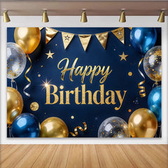 Lofaris Elegant Blue and Gold Glitter Happy Birthday Backdrop with Balloons, Luxurious Party Background Decor for Celebrations