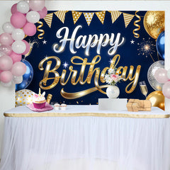 Lofaris Blue Gold Happy Birthday Backdrop with Balloons and Champagne, Elegant Glitter Stars Photography Background for Party Decoration