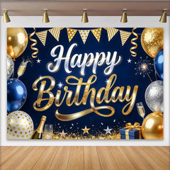 Lofaris Blue Gold Happy Birthday Backdrop with Balloons and Champagne, Elegant Glitter Stars Photography Background for Party Decoration