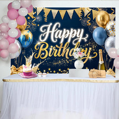 Lofaris Gold Blue Glitter Happy Birthday Backdrop with Balloons and Champagne, Elegant Party Decoration Background for Photography