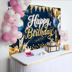 Lofaris Gold Blue Glitter Happy Birthday Backdrop with Balloons and Champagne, Elegant Party Decoration Background for Photography