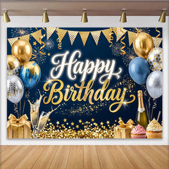 Lofaris Gold Blue Glitter Happy Birthday Backdrop with Balloons and Champagne, Elegant Party Decoration Background for Photography