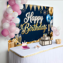 Lofaris Navy Blue and Gold Happy Birthday Backdrop, Glitter Balloons Champagne Party Background, Birthday Celebration Decoration