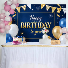 Lofaris Blue and Gold Happy Birthday Backdrop with Balloons and Gifts, Elegant Party Background for Celebration Photoshoot