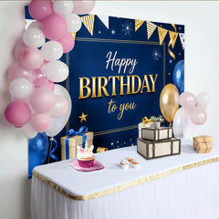 Lofaris Blue and Gold Happy Birthday Backdrop with Balloons and Gifts, Elegant Party Background for Celebration Photoshoot