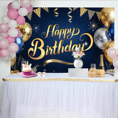 Lofaris Elegant Blue and Gold Happy Birthday Backdrop with Balloons and Glitter, Sparkling Party Background for Adults and Kids Photoshoot
