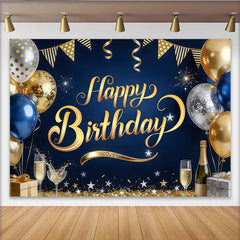 Lofaris Elegant Blue and Gold Happy Birthday Backdrop with Balloons and Glitter, Sparkling Party Background for Adults and Kids Photoshoot