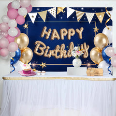 Lofaris Blue and Gold Balloon Happy Birthday Backdrop with Stars and Ribbons, Elegant Party Decoration Background for Photography