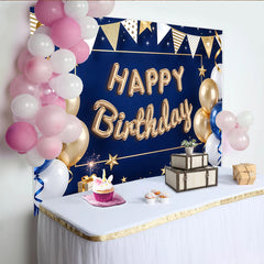 Lofaris Blue and Gold Balloon Happy Birthday Backdrop with Stars and Ribbons, Elegant Party Decoration Background for Photography
