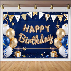 Lofaris Blue and Gold Balloon Happy Birthday Backdrop with Stars and Ribbons, Elegant Party Decoration Background for Photography