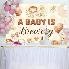 Lofaris Warm Brown A Baby Is Brewing Baby Shower Backdrop with Teddy Bears and Balloons, Coffee Themed Background for Gender Reveal Party