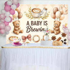Celebrate Teddy Bear Coffee Baby Shower Backdrop with Balloons and Baby Blocks, Cute A Baby Is Brewing Background for Gender Reveal Party