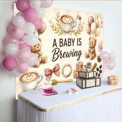 Celebrate Teddy Bear Coffee Baby Shower Backdrop with Balloons and Baby Blocks, Cute A Baby Is Brewing Background for Gender Reveal Party