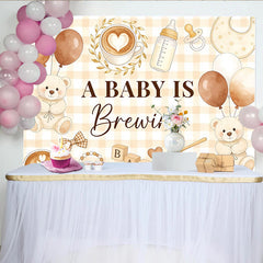 Lofaris Coffee Bear Baby Shower Backdrop with A Baby Is Brewing Text and Gingham Pattern, Cute Photography Background for Party Decor