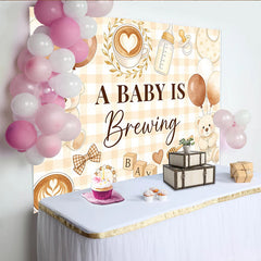 Lofaris Coffee Bear Baby Shower Backdrop with A Baby Is Brewing Text and Gingham Pattern, Cute Photography Background for Party Decor