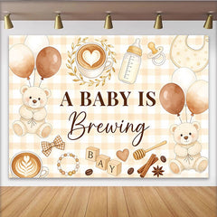Lofaris Coffee Bear Baby Shower Backdrop with A Baby Is Brewing Text and Gingham Pattern, Cute Photography Background for Party Decor