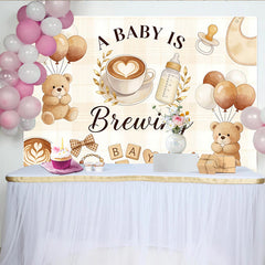 Lofaris A Baby Is Brewing Coffee Bear Baby Shower Backdrop with Balloons, Warm Latte Art Theme Photography Background for Party Decor