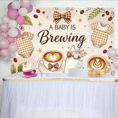 Lofaris A Baby Is Brewing Coffee Baby Shower Backdrop with Onesies and Latte Art, Warm Brown Background for Gender Reveal Party