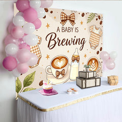 Lofaris A Baby Is Brewing Coffee Baby Shower Backdrop with Onesies and Latte Art, Warm Brown Background for Gender Reveal Party