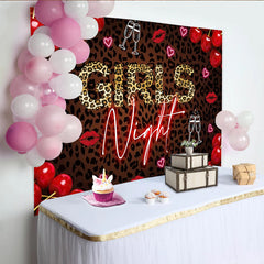 Lofaris Leopard Print Girls Night Party Backdrop with Neon Text, Red Cherries and Champagne Glasses Photo Background