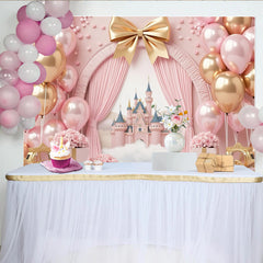 Lofaris Pink and Gold Princess Castle Birthday Backdrop with Balloons and Roses, Fairy Tale Party Decor for Girls Photoshoot