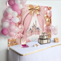Lofaris Pink and Gold Princess Castle Birthday Backdrop with Balloons and Roses, Fairy Tale Party Decor for Girls Photoshoot