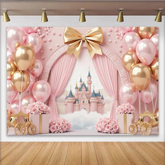 Lofaris Pink and Gold Princess Castle Birthday Backdrop with Balloons and Roses, Fairy Tale Party Decor for Girls Photoshoot
