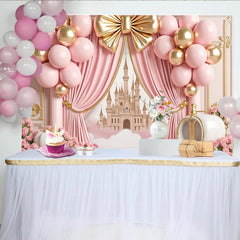 Lofaris Pink and Gold Princess Birthday Backdrop with Castle and Carriage, Elegant Party Background for Girls Photoshoot