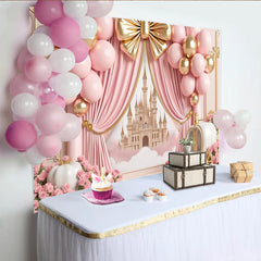 Lofaris Pink and Gold Princess Birthday Backdrop with Castle and Carriage, Elegant Party Background for Girls Photoshoot