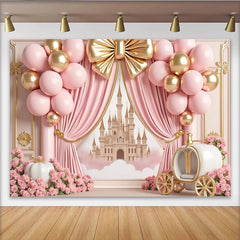 Lofaris Pink and Gold Princess Birthday Backdrop with Castle and Carriage, Elegant Party Background for Girls Photoshoot