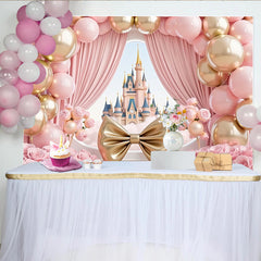 Lofaris Pink Gold Princess Castle Birthday Backdrop with Balloons, Elegant Fairy Tale Photography Background for Girl's Party Decor