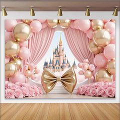 Lofaris Pink Gold Princess Castle Birthday Backdrop with Balloons, Elegant Fairy Tale Photography Background for Girl's Party Decor