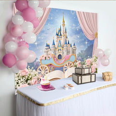 Lofaris Pink Fairytale Castle Photography Backdrop with Royal Carriage, Starry Sky Studio Background for Girls Party Photoshoot.