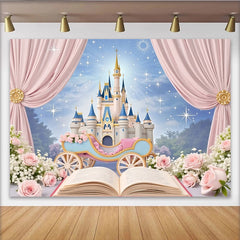 Lofaris Pink Fairytale Castle Photography Backdrop with Royal Carriage, Starry Sky Studio Background for Girls Party Photoshoot.