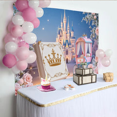 Lofaris Pink Princess Castle Birthday Backdrop with Carriage and Roses, Fairytale Photography Background for Girls Party Decor