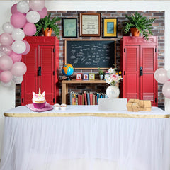 Lofaris Vintage Classroom Photography Backdrop with Red Lockers and Blackboard, School Theme Background for Kids Portrait