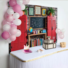 Lofaris Vintage Classroom Photography Backdrop with Red Lockers and Blackboard, School Theme Background for Kids Portrait