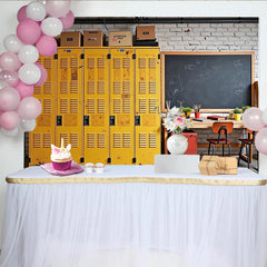Lofaris Yellow School Locker Photography Backdrop with Blackboard and Wooden Desk, Rustic Classroom Background for Student Portraits