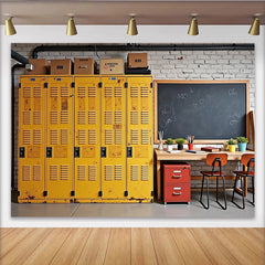Lofaris Yellow School Locker Photography Backdrop with Blackboard and Wooden Desk, Rustic Classroom Background for Student Portraits