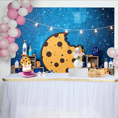 Lofaris Bitten Cookie and Milk Photography Backdrop with Starry Night Sky and String Lights, Sweet Dessert Table Background for Kids Party