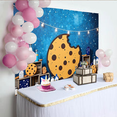Lofaris Bitten Cookie and Milk Photography Backdrop with Starry Night Sky and String Lights, Sweet Dessert Table Background for Kids Party