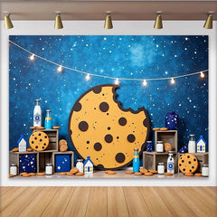 Lofaris Bitten Cookie and Milk Photography Backdrop with Starry Night Sky and String Lights, Sweet Dessert Table Background for Kids Party