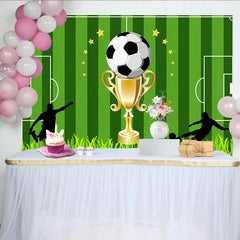 Lofaris Green Soccer Field Photography Backdrop with Golden Trophy, Ball and Player Silhouettes, Sports Theme Background for Party