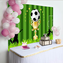 Lofaris Green Soccer Field Photography Backdrop with Golden Trophy, Ball and Player Silhouettes, Sports Theme Background for Party