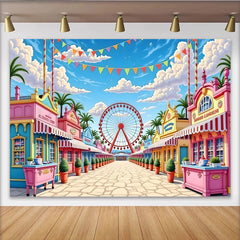Lofaris Vibrant Cartoon Amusement Park Photography Backdrop, Colorful Carnival Street Scene Background for Kids Party