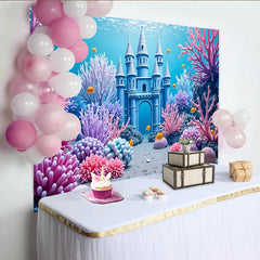 Lofaris Blue Underwater Castle Photography Backdrop with Colorful Coral, Fantasy Ocean Background for Kids Party Photoshoot