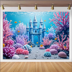 Lofaris Blue Underwater Castle Photography Backdrop with Colorful Coral, Fantasy Ocean Background for Kids Party Photoshoot