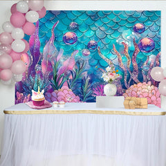 Lofaris Glitter Mermaid Photography Backdrop with Teal Scales and Pink Coral, Whimsical Underwater Background for Studio and Party Decor