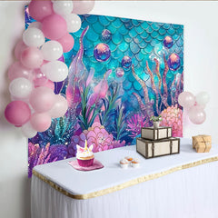 Lofaris Glitter Mermaid Photography Backdrop with Teal Scales and Pink Coral, Whimsical Underwater Background for Studio and Party Decor