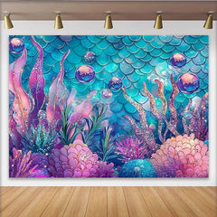 Lofaris Glitter Mermaid Photography Backdrop with Teal Scales and Pink Coral, Whimsical Underwater Background for Studio and Party Decor